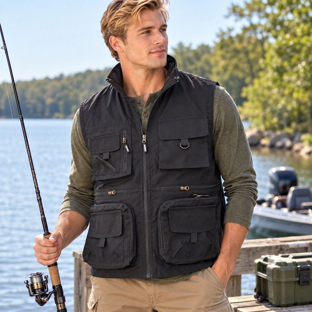 Free Spirit Mens Utility Vest Black Medium Fishing Hunting Military Gorpcore